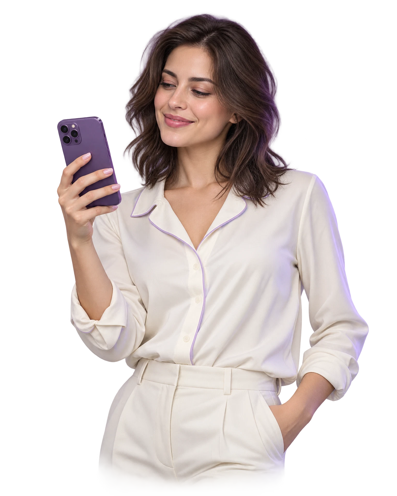 Modelo ilustrativa sosteniendo un smartphone púrpura, recortada sin fondo.